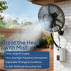20″ Wall Mount Misting Fan, 4-Speeds Industrial Oscillating Fan w/6L Water Tank