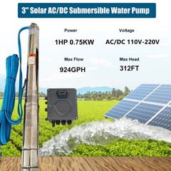 3″ AC110V/DC220V Solar Powered Bore Well Water Pump 1HP Submersible Hybrid Deep