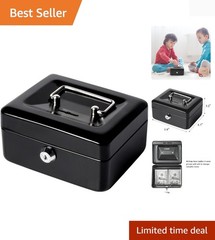 Compact Black Metal Lock Cash Box for Secure Storage – 5.91 x 4.72 x 2.95 in.